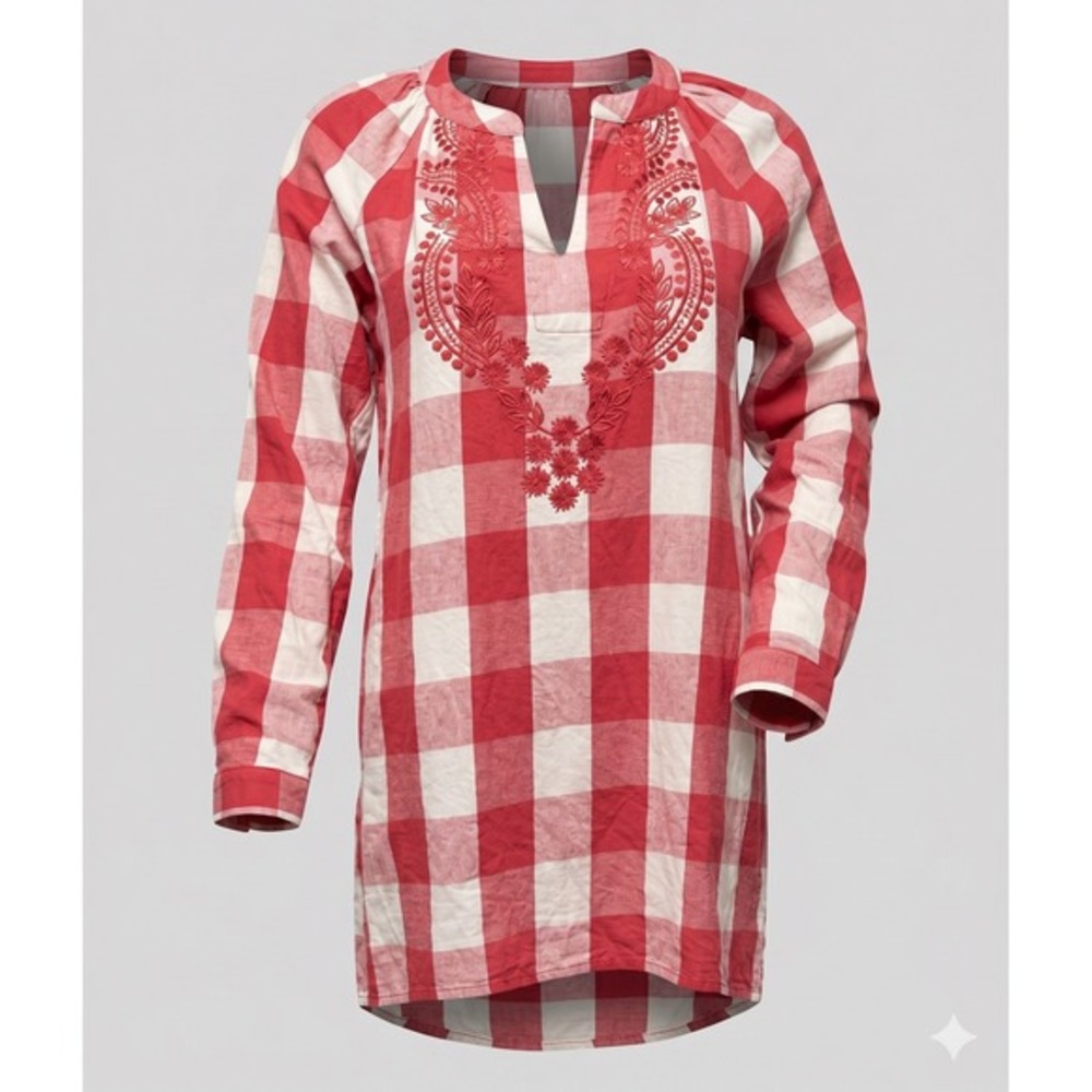 Illa Illa Red Buffalo Plaid Embroidered Tunic Top Long Sleeve Women's Small‎